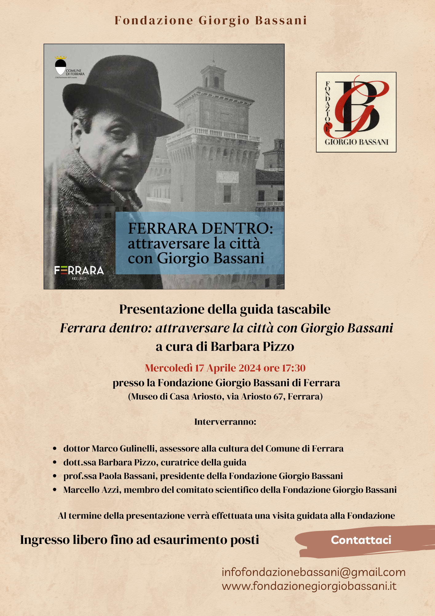 Featured image for “NUOVO ORARIO: presentazione della guida “Ferrara dentro. Attraversare la città con Giorgio Bassani””